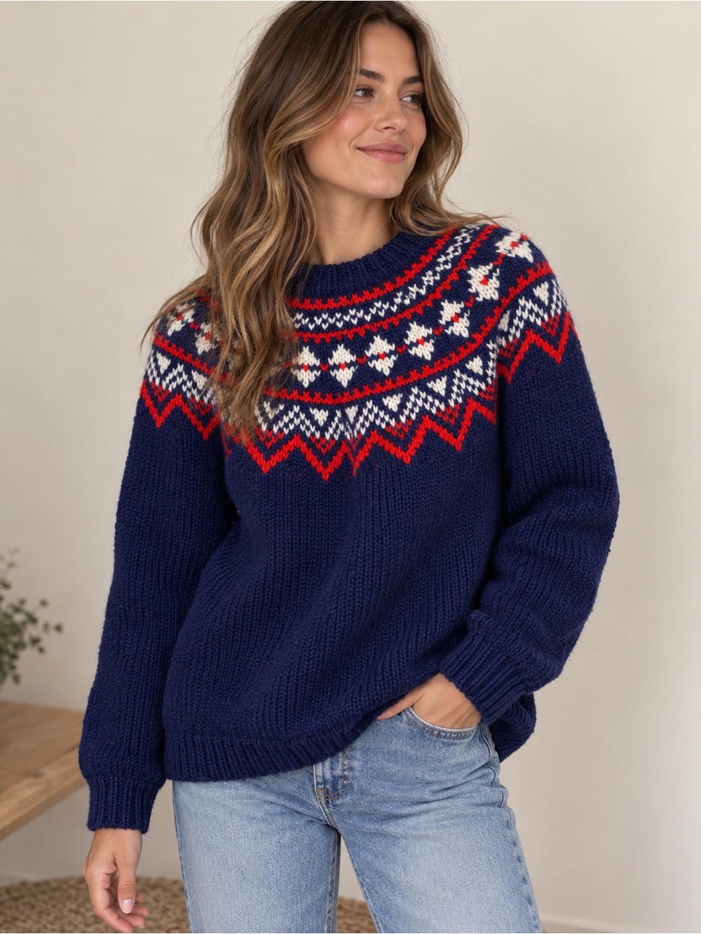 Hand Knit Fair Isle Nordic Sweater Navy Red White approx size L
